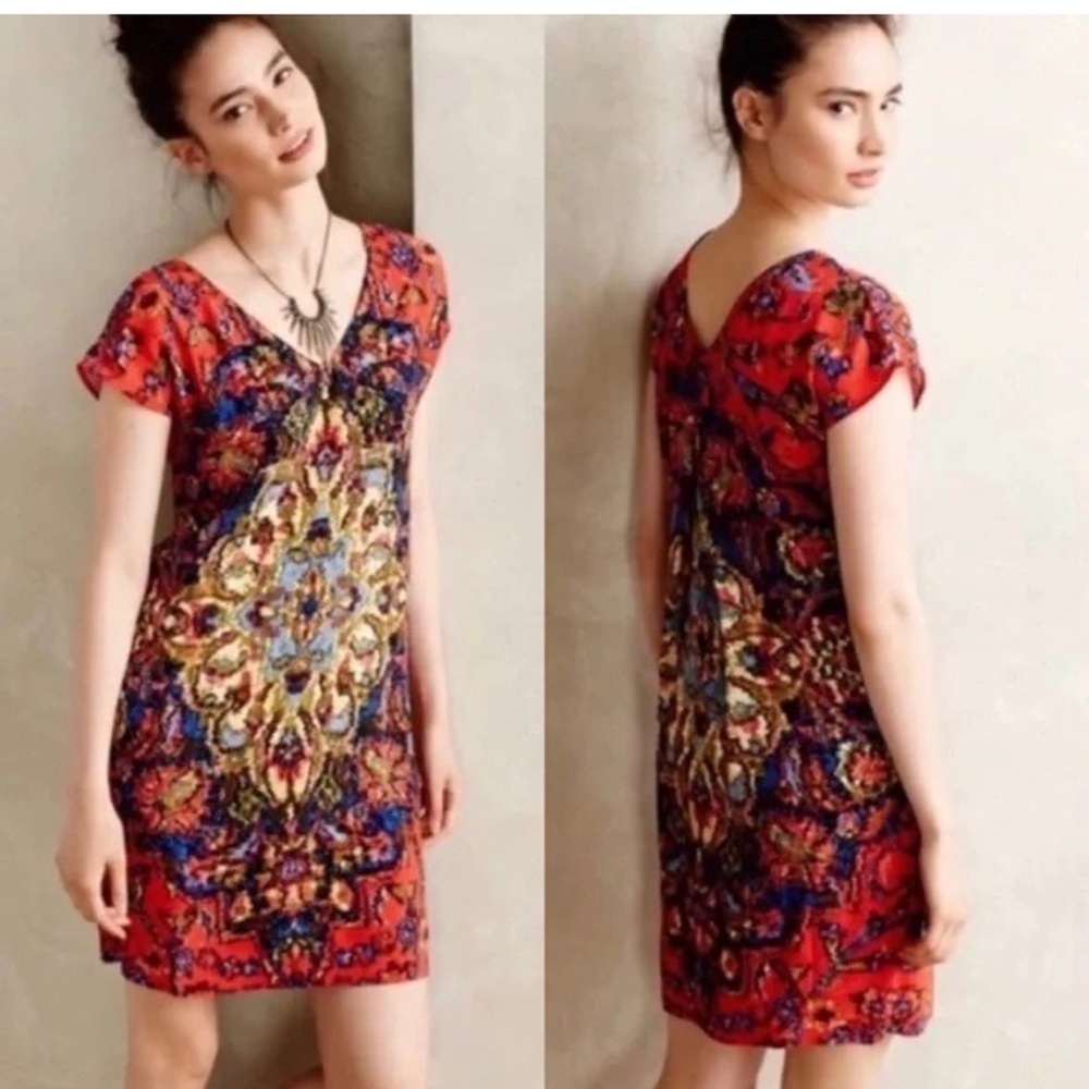 Anthropologie Maeve Shift Shirt Tunic Dress S Red Short Sleeve Medallion
Boho
